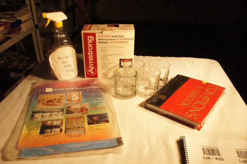 lot 433 image: Self Stick Wall Base, 4 heavy glass cups Approx. 3 34 H 3 W, spray bottle, window stickers, Comptons Yearbook