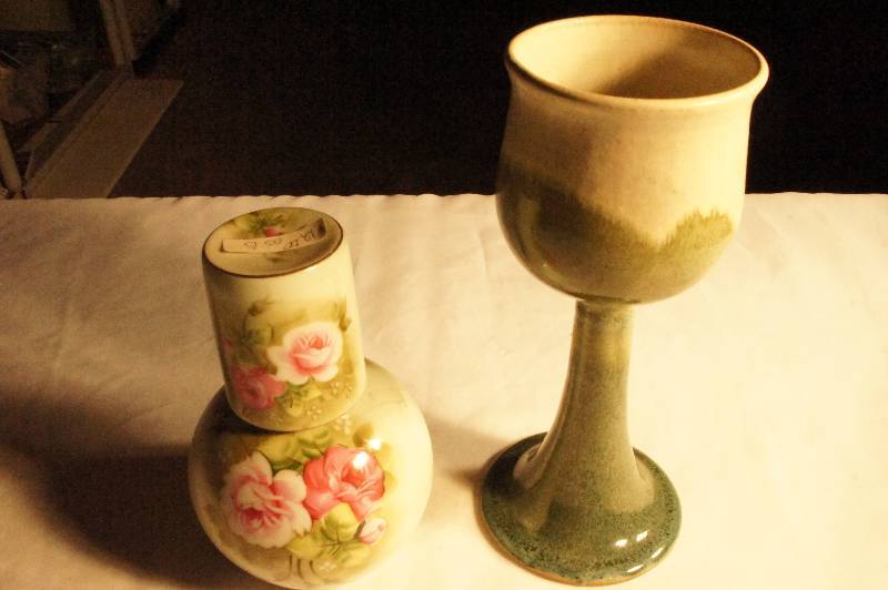 lot 445 image: Pottery--Renaissance mug Approx. 10 14 H and Vintage nightstand water vase and glass Lefton China hand painted 1266 Approx. 7 12 H