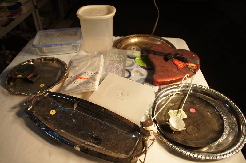 lot 536 image: Box Lot - Several Trays, Tupperware, Dove Tin, Candlesnuffers, Shower Curtains, Etc