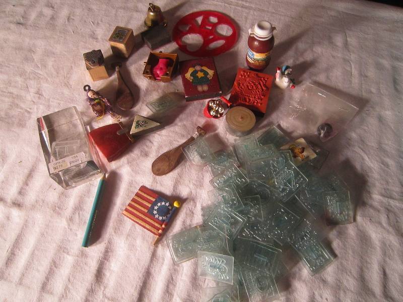 lot 597 image: LOT - Paperweight with Piano, Stamps, Bell, Misc Smalls