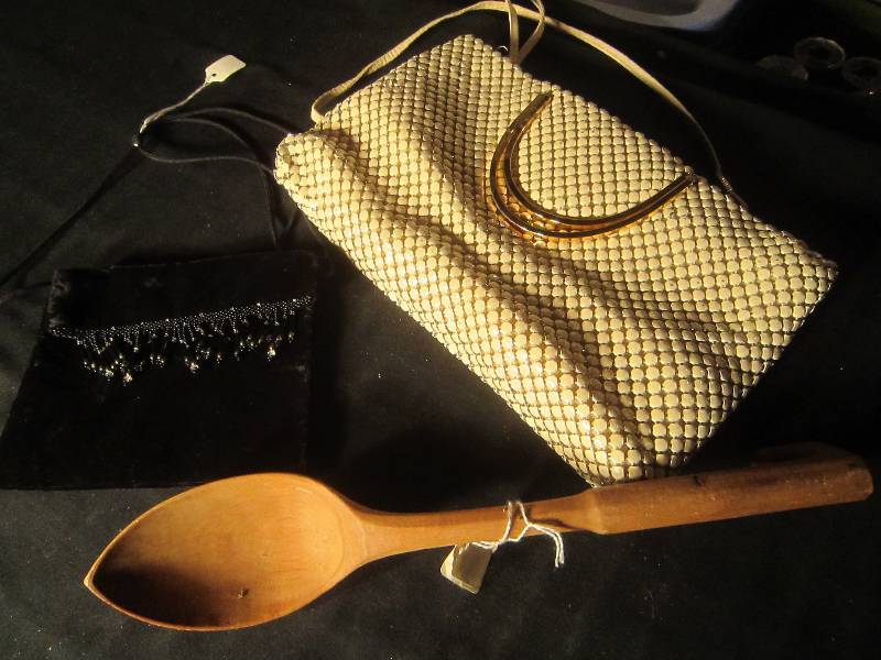lot 635 image: Beaded Purse, Antique Wood Spoon, Mesh Purse with Gold Handles