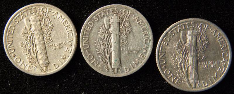 GROUP OF 3 SILVER MERCURY DIMES FINE-XF