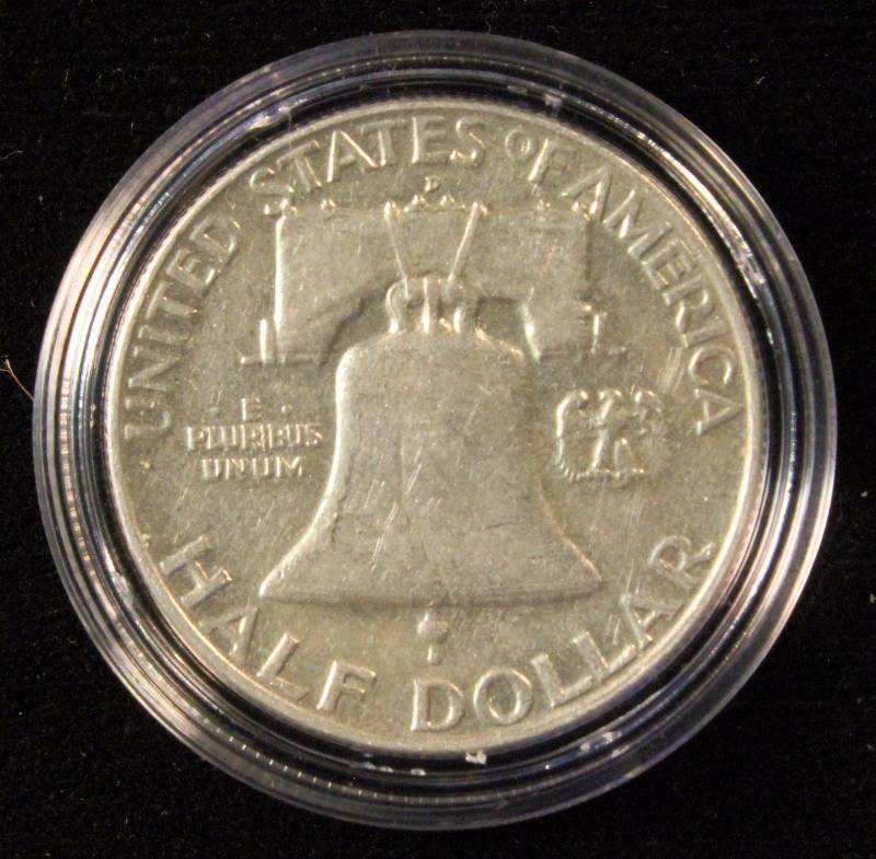 1958-D FRANKLIN SILVER HALF DOLLAR AU IN AIRTITE HOLDER