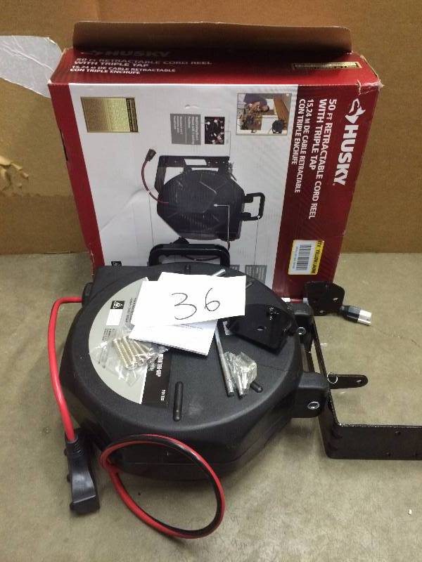 lot 36 image: Husky 50 Retractable Cord reel with triple tap new
