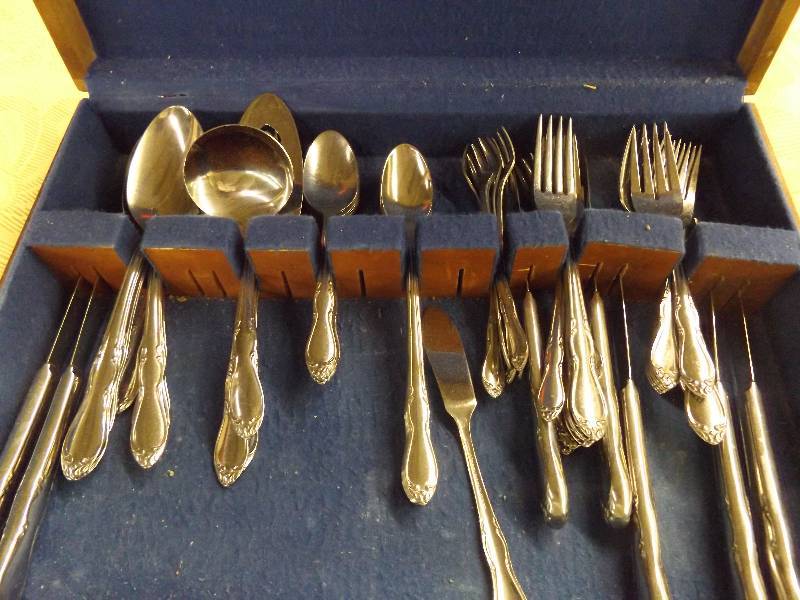 Set of Stainless Silverware in Wood Box