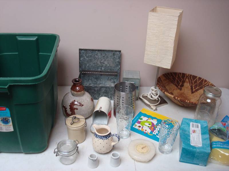 Bin With Mixed Items, Ikea Lamp...
