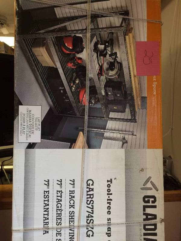 lot 25 image: Gladiator 4-Shelf 72 in. H x 77 in. W x 24 in. D Welded Steel Garage Shelving Unit New