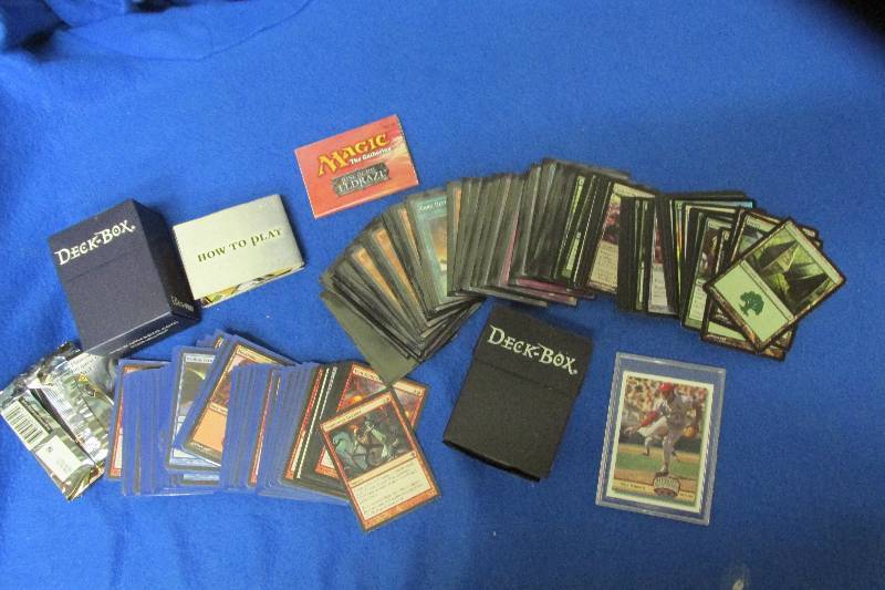2 Deck Boxes of Magic the Gathering cards and 1 Bob Gibson Upper Deck Baseball card in holder