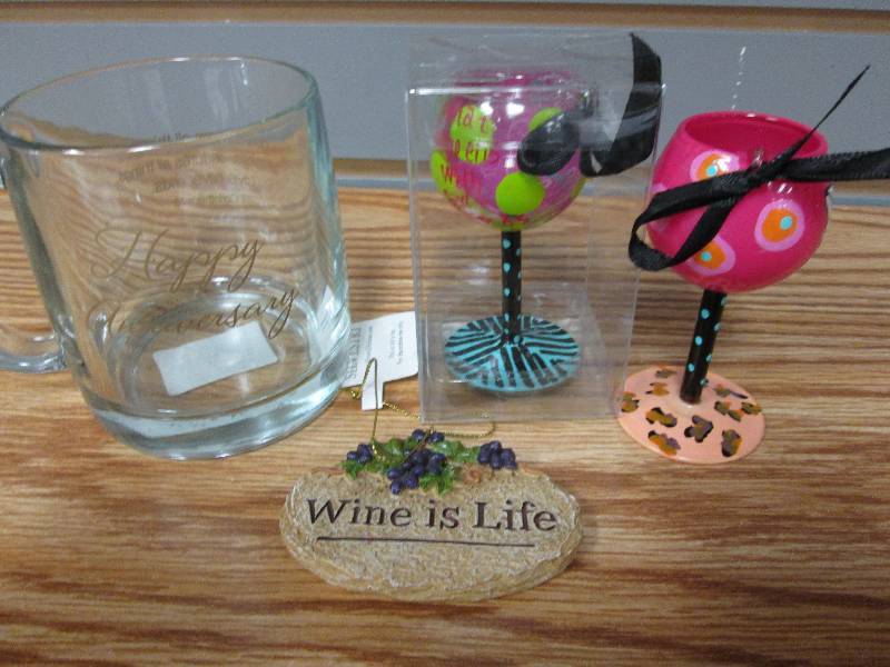 2 wine glass ornaments, 1 wine orna...