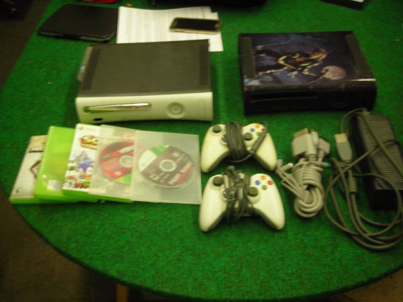 X Box 360 With Power & AV Cords, 2 Remotes, Case, 5 Games