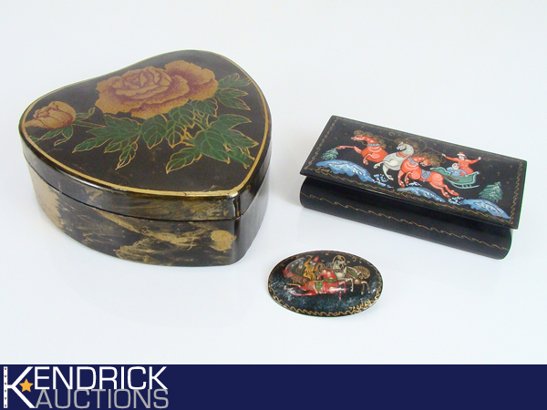 AntiqueVintage Russian Black Lacquered Hand Painted Boxes, and Pin