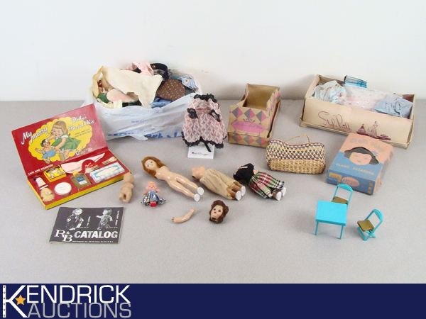 Lot of Vintage Doll Accessories, Fabric, and Doll Parts