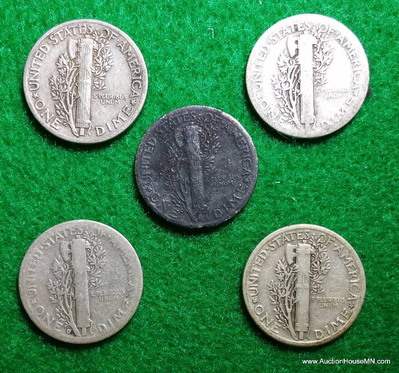 Group of (5) Mercury Silver Dimes