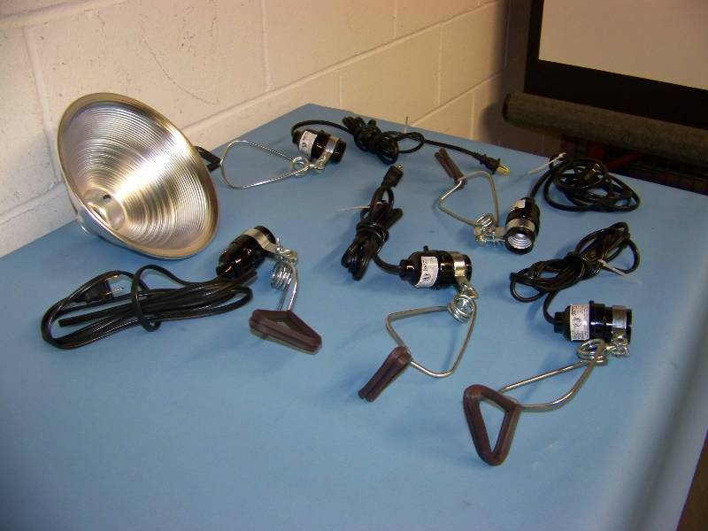 lot 65 image: (5) Bayco, Light Bulb Receptacles with Clamps and (1) Reflector Cone