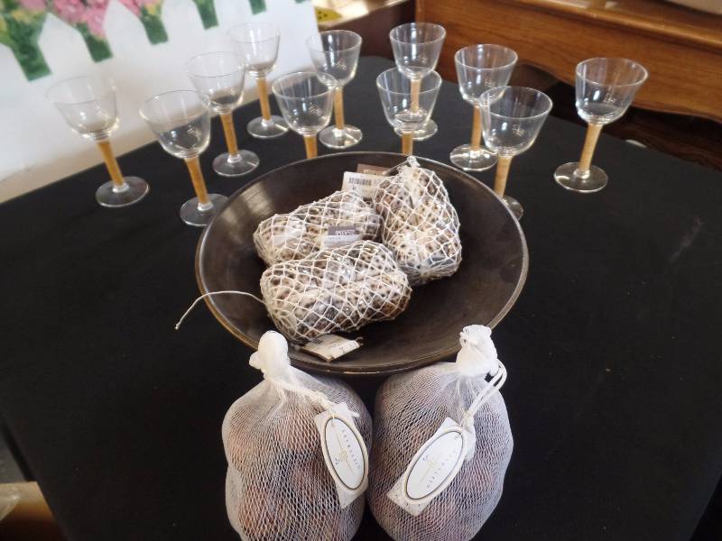 Bamboo Bowl, Shell Napkin Rings, Wine Glasses