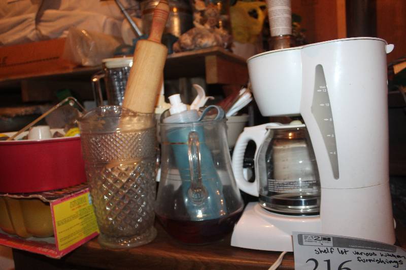 lot 216 image: Shelf Lot of Various Kitchen Furnishings
