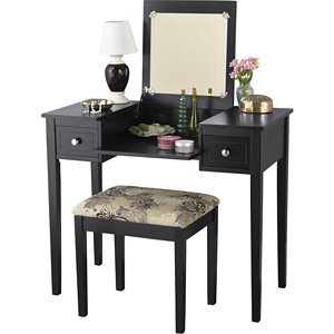 lot 28 image: Black Vanity and Bench Set