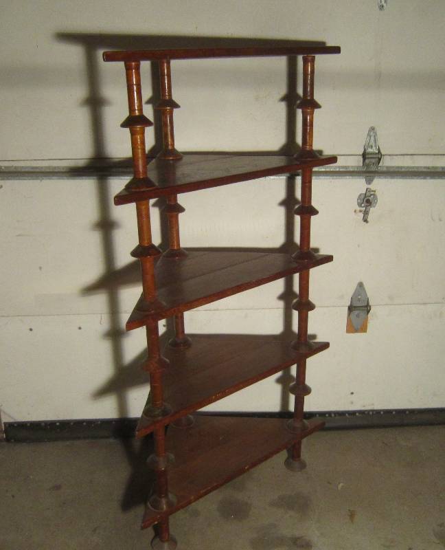 lot 844 image: Corner Shelf made out of Antique Spools 21x 29 12 x 54 34 H Corner to the front 15