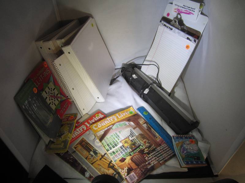 lot 913 image: LOT - Office supplies, Light 3 Ring Binders, Country Living Magazines, Paper, Map, Clipboard, ETC
