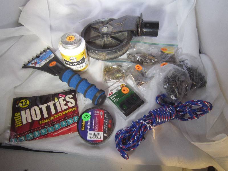 lot 936 image: LOT - Wheel, Rope, Electric Tape, Washers, Windshield Scrapper, Screws, Drill Bits, TFE Paste, ETC