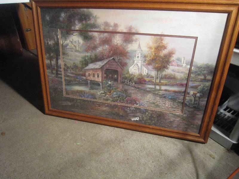 lot 909 image: Large Picture Bleeded Mat of Covered Bridge and Church