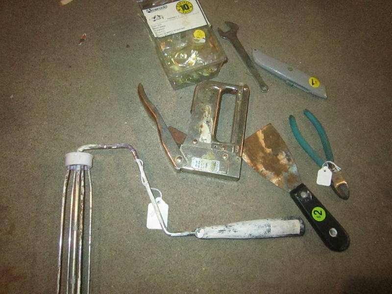 lot 937 image: LOT - Scrapper, Wrench, Stapler, Amerock Window Locks, Wire Cutters, Paint Roller, ETC