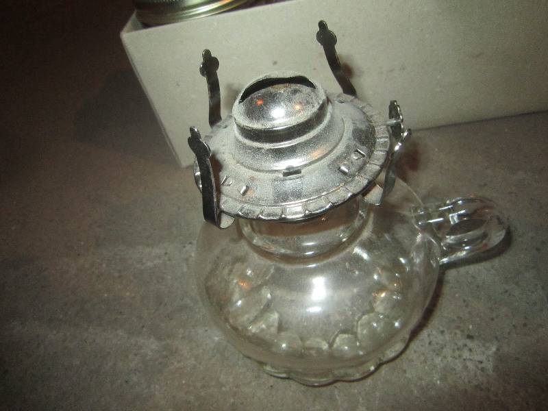 lot 938 image: LOT - First Aid Kit, Stand, Band Aid Box, Oil Lamp, Kerr Jar, Misc