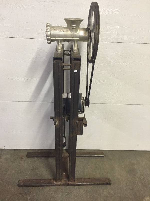 lot 8 image: ELECTRIC MEAT GRINDER, HOME BUILT STAND WITH MOTOR