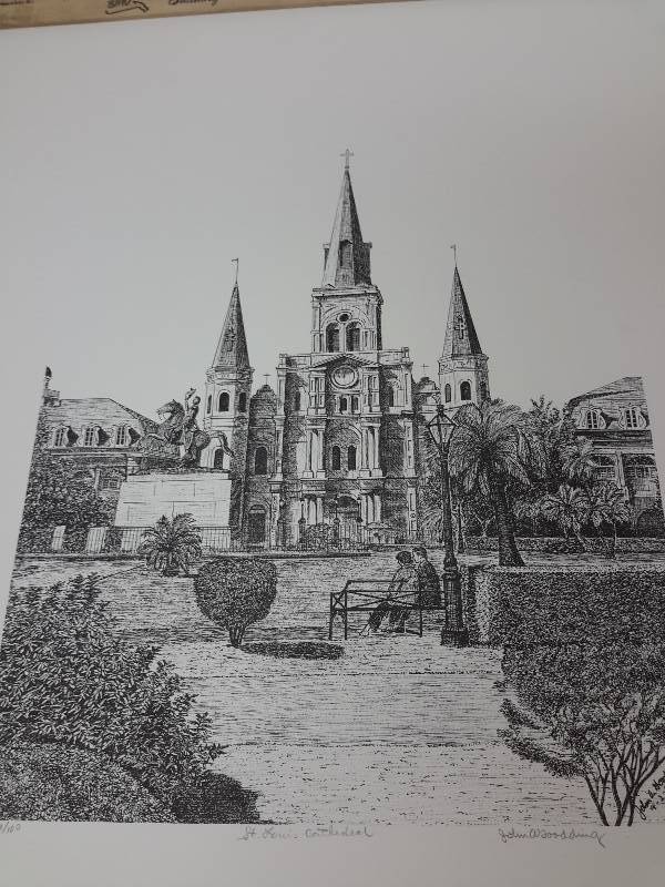 lot 53 image: St Louis Cathedral and Pirates Alley pencil sketch drawings, by John Gooding