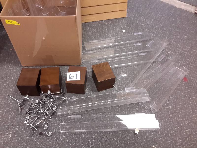 lot 61 image: Slatted wall piece with Acrylic displays and Metal hooks to fit