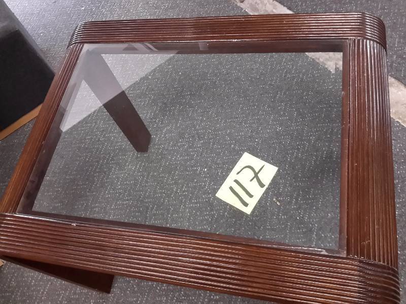 lot 117 image: Art Deco Waterfall style end table. Solid Walnute wood with beveled glass top