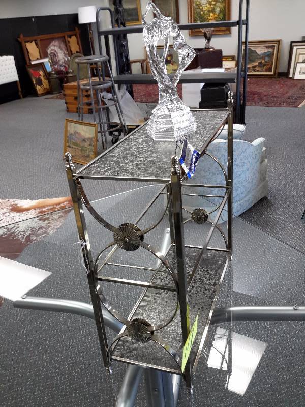 lot 119 image: Midcentury Modern Shelf.. Danish Nickel Frame with Crackle glass shelves.. 20 in x 8 in x 20 in.. Erotic Woman Statue.. Glass.