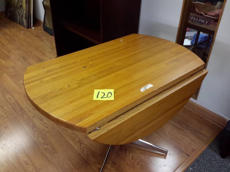 lot 120 image: 42in, Butcher Block Round Table with Fold down Leaves