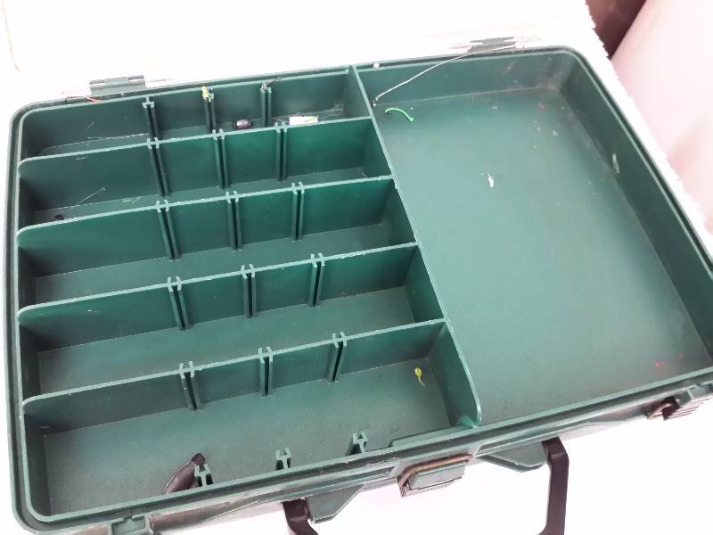 lot 129 image: Plano fishing tackle box, Plastic.. Worn, but still nice shape