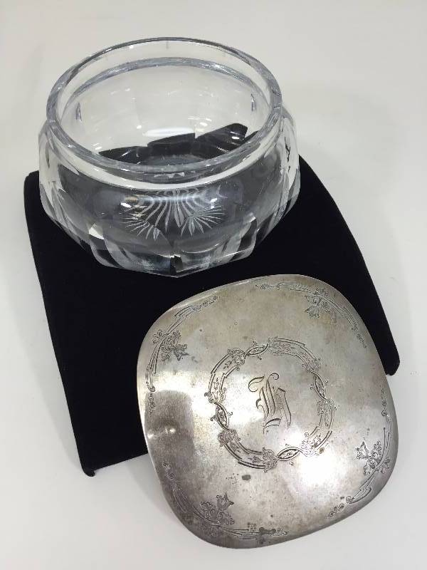 lot 101 image: Crystal  Dish With Silver top.. Appears to be Sterling, but no markings.. Is non Magnetic.