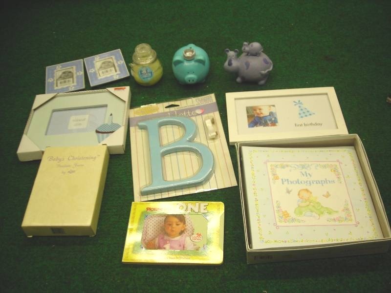 lot 14 image: Lot Of Baby 1st Birthday Frames, Christening, Piggy Banks, Keepsakes