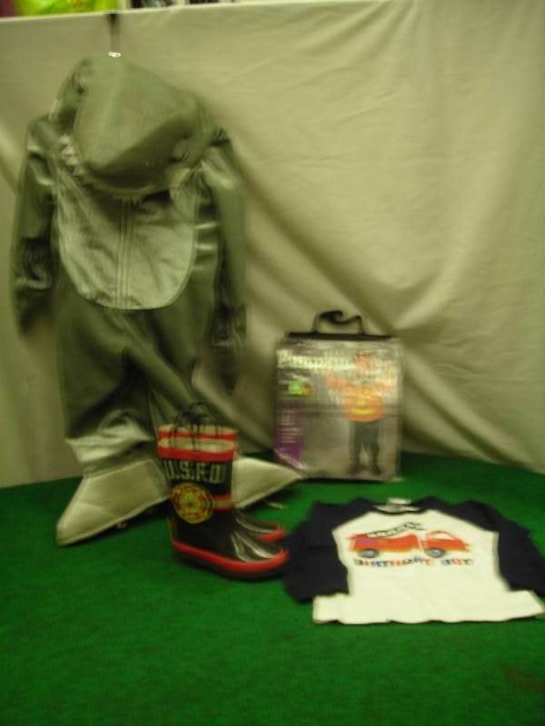 lot 74 image: Shark Costume, Pumpkin Costume, B-Day Boy Shirt (All 3t) & Fire Chief Rubber Boots (size 9)