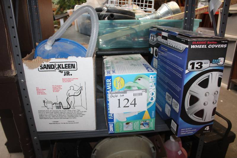 lot 124 image: Shelf Lot of Sander, Steamer, Wheel Covers