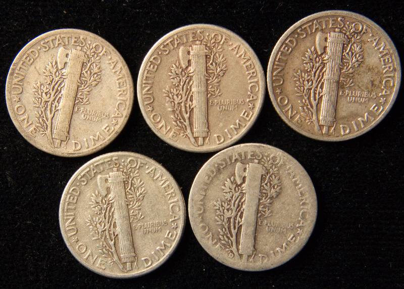 GROUP OF 5 SILVER MERCURY DIME F-XF