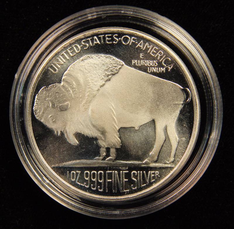 1 TROY OZ. .999 FINE SILVER INDIAN-BUFFALO DESIGN IN AIRTITE HOLDER