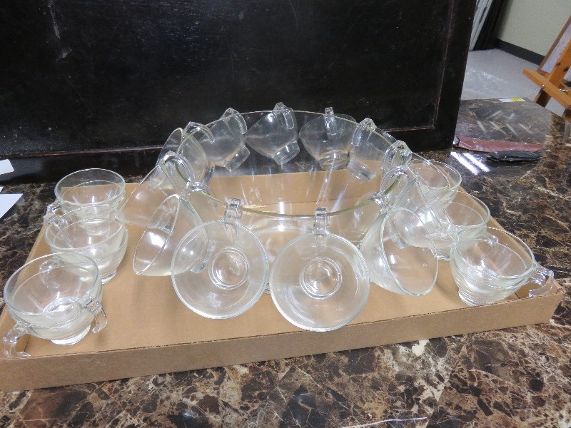 Large Glass Punch Bowl with cups