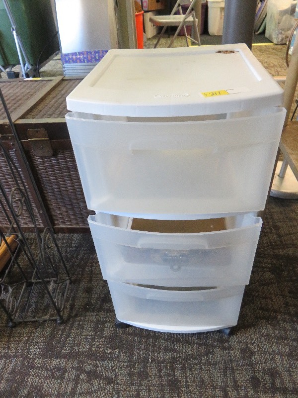 plastic storage bin with 3 drawers