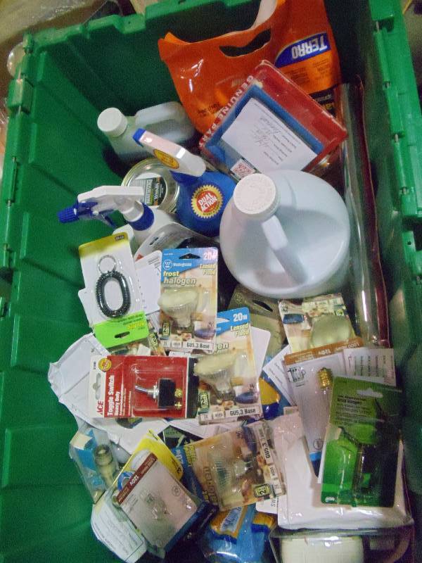 lot 91 image: NEW Large Lot Misc Items Incl Light Bulbs, Stain, Cleaning Products and More. GREEN BIN NOT INCLUDED