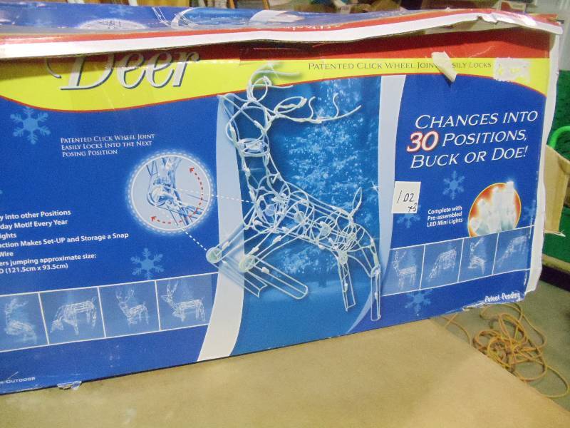 lot 102 image: NEW Qty 3 White Star Multi Posing LED Deer Outdoor Decoration. Changes Into 30 Positions Buck or Doe Orig $49.99 ea