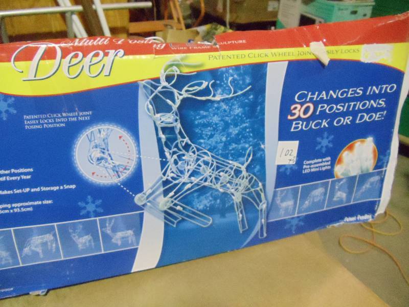 lot 103 image: NEW Qty 3 White Star Multi Posing LED Deer Outdoor Decoration. Changes Into 30 Positions Buck or Doe Orig $49.99 ea