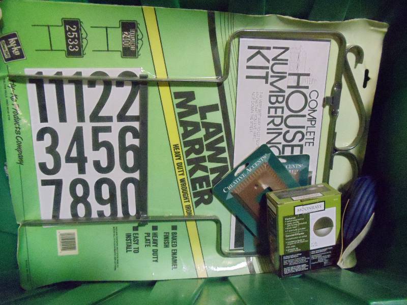 lot 110 image: NEW Large Lot incl Qty 5  Address Plaques, Replacement Mailbox Flags, Mailbox Mounting Kit and more. GREEN BIN NOT INCLUDED