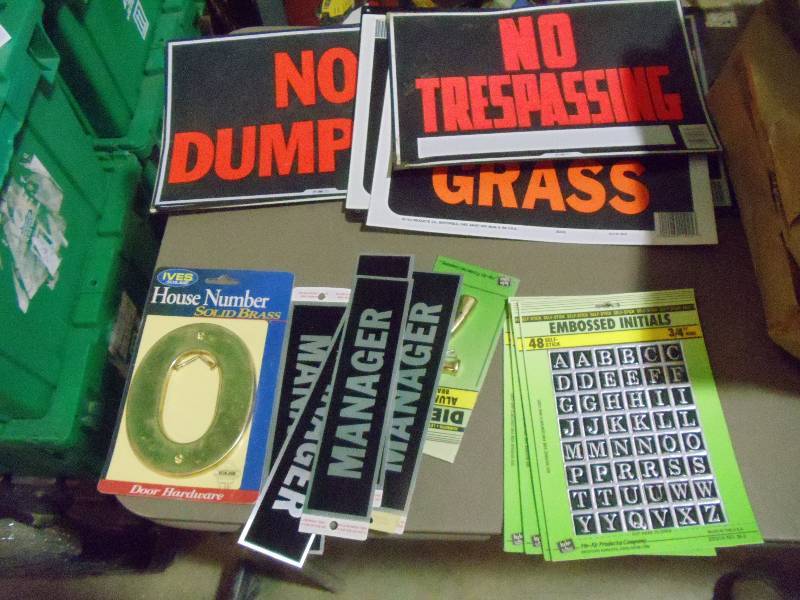 lot 135 image: NEW Lot Misc Signs, Embossed Adhesive Letters and More