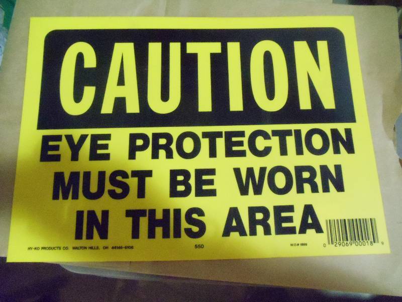 lot 173 image: NEW Approx 8 Caution Eye Protection Must Be Worn Signs Heavy Duty Plastic