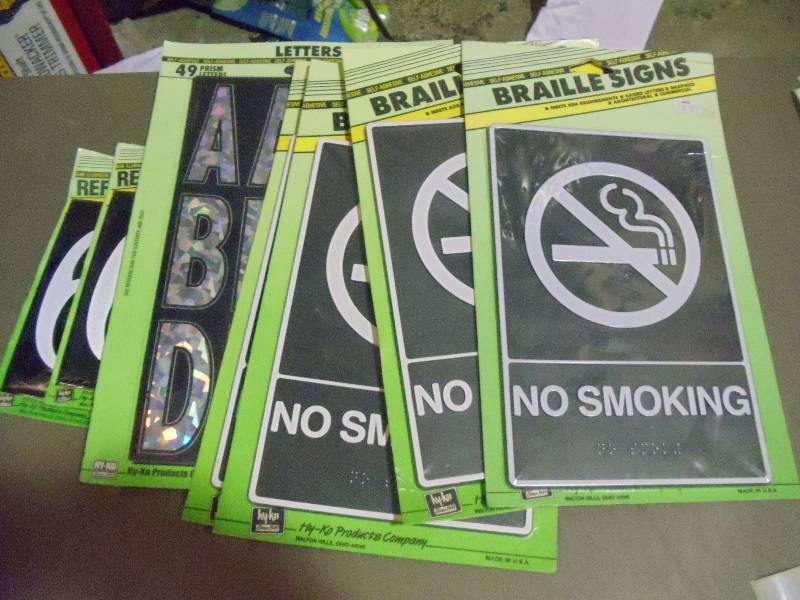 lot 178 image: NEW Qty 4 Braile No Smoking Signs Plus Adhesive Letter Set