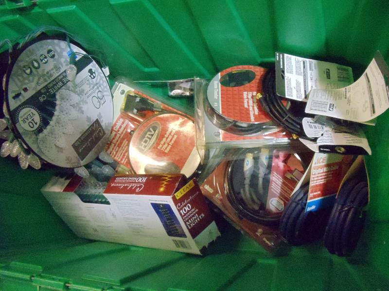 lot 219 image: NEW Electrical Lot ENTIRE BIN Electrical Items. HDMI Cables, Audio Cables, Coax Cables, Xmas Lights and MORE. GREEN BIN NOT INCLUDED